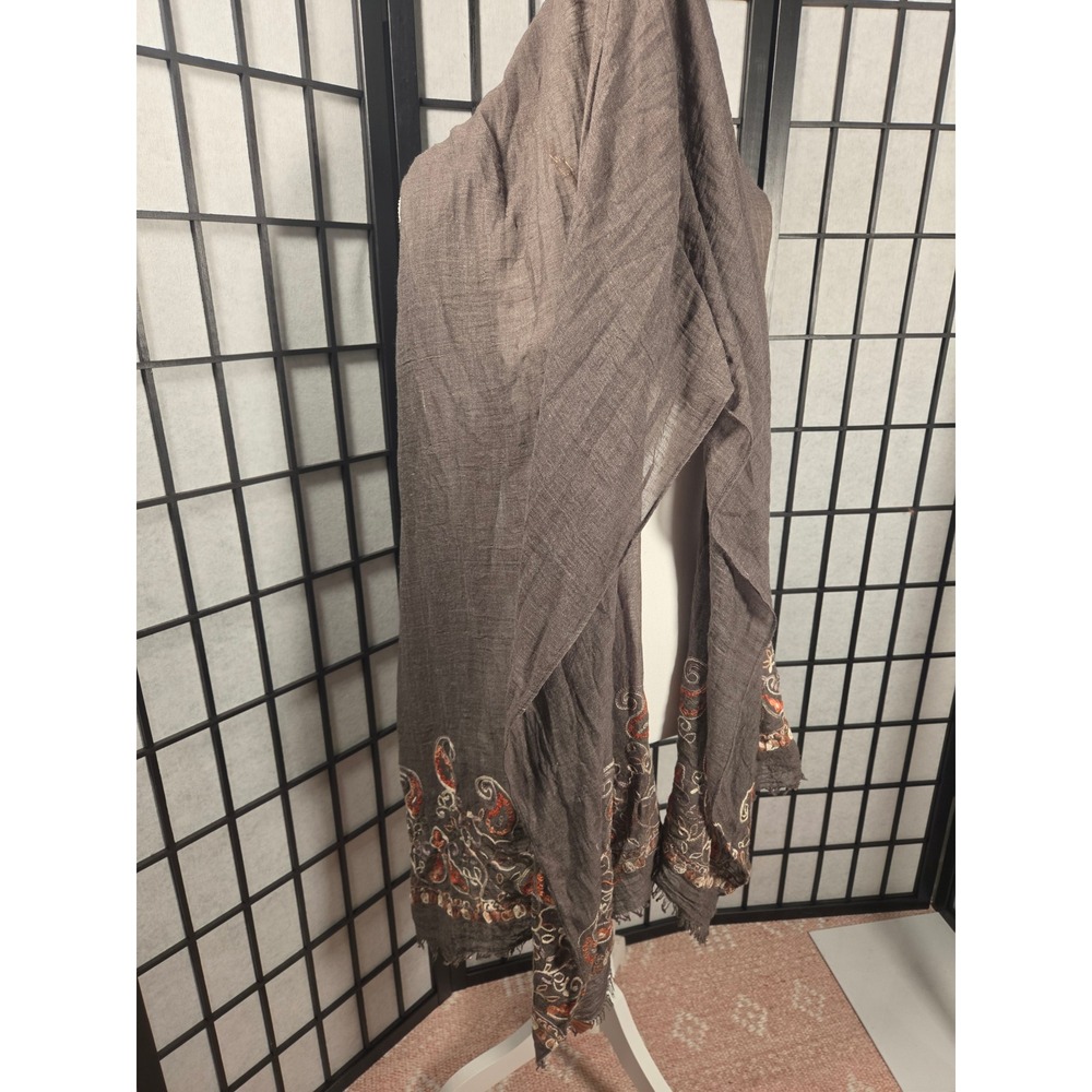 Paisley Embroidered Shawl Scarf Frayed Edge Cotton Blend Wrap Boho Scarf - Picture 4 of 5